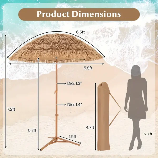 6.5 FT Palm Tree Tiki Umbrella w/ Foldable Stand, Hawaiian Style Beach Umbrella w/ Push Button Tilt, Carrying Bag, Portable Sun Canopy Market Umbrella for Outdoor Tiki Bar Garden Patio Pool. - Image 5