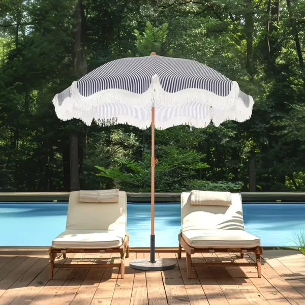 Outdoor sun umbrella with tassel, 7-foot tassel beach umbrella, 50+UV resistant picnic umbrella, outdoor courtyard umbrella with tote bag, white - Image 2