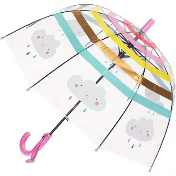 Youth Clear Bubble Umbrella - Windproof Safety Dome, 39" Canopy, Automatic Opening, Lightweight and Cute Design for Boys and Girls, Clear PVC with Playful Cartoon Animals and Raindrops