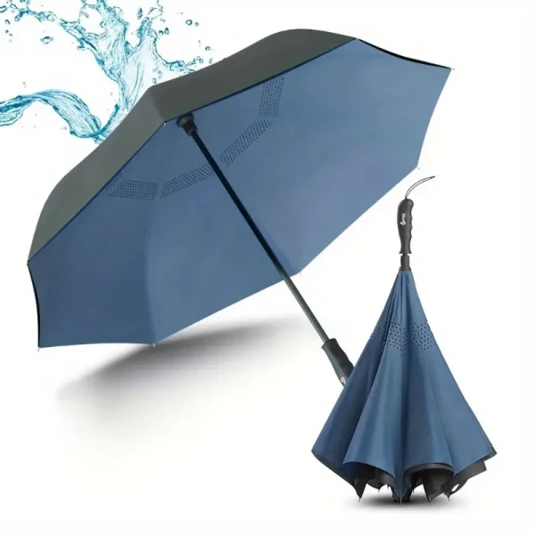 Compact Windproof Reverse Umbrella - Sturdy 8 Rib Design with Teflon Coating, Self-Standing Function, Black and Navy - Unisex, Versatile Everyday Umbrella | Stylish Navy | Durable Teflon Coating, Umbrella Heavy Duty Windproof