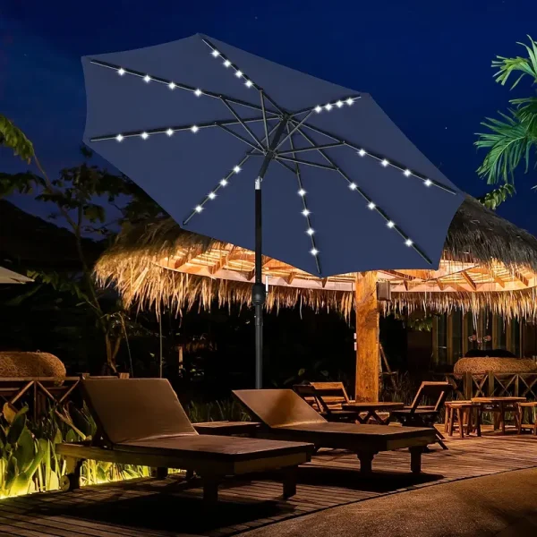 Simple and luxurious 9-foot sun umbrella with 32 LED lighting, courtyard umbrella table, market umbrella with button tilt/crank, outdoor umbrella suitable for gardens, decks, backyards, and pools, dark blue/brown/red (Copy)