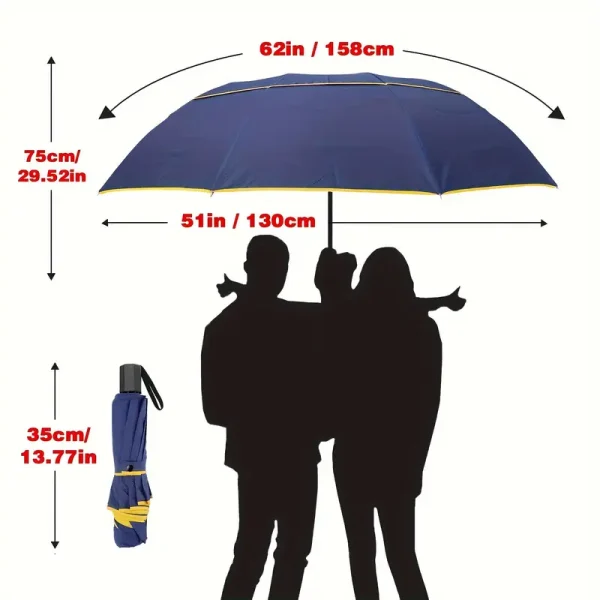 62 Inch Extra Large Windproof Golf Umbrella - Manual Double Canopy Ventilated Folding Portable Travel, UPF 40+ Compact Golf Umbrella Lightweight Women's and Men's Sunny Umbrella Blue