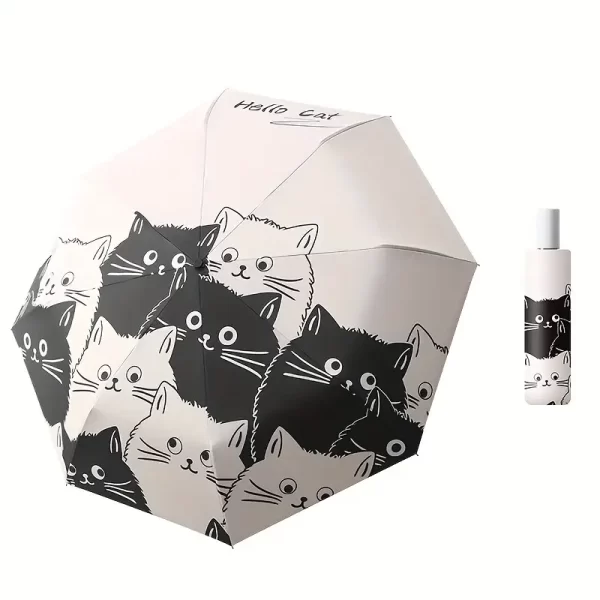 1 Compact Cat Umbrella - Travel Umbrella for Kids and Adults - Automatic Folding, Rain and Sun Protection, Black Coating UV Protection, Portable Girls and Boys Umbrella - Ideal for Outdoor Activities