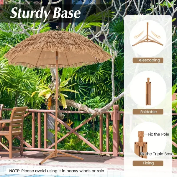 6.5 FT Palm Tree Tiki Umbrella w/ Foldable Stand, Hawaiian Style Beach Umbrella w/ Push Button Tilt, Carrying Bag, Portable Sun Canopy Market Umbrella for Outdoor Tiki Bar Garden Patio Pool. - Image 3