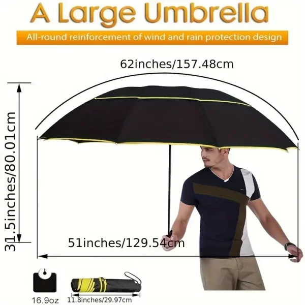 50+ UV Protection Compact Golf Umbrella, 62 Inch Extra Large Double Canopy Ventilated Umbrella, Windproof and Waterproof for Men and Women - Image 3