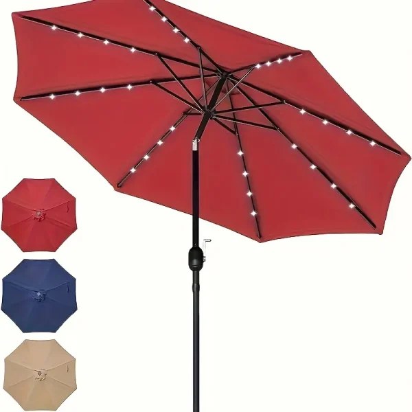 Simple and luxurious 9-foot sun umbrella with 32 LED lighting, courtyard umbrella table, market umbrella with button tilt/crank, outdoor umbrella suitable for gardens, decks, backyards, and pools, dark blue/brown/red (Copy) - Image 2