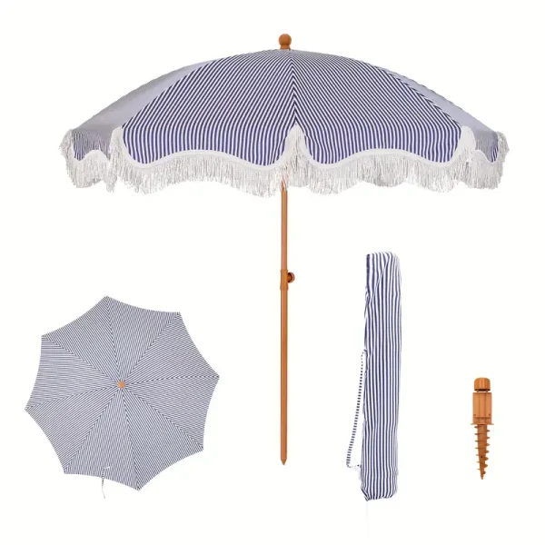 Outdoor sun umbrella with tassel, 7-foot tassel beach umbrella, 50+UV resistant picnic umbrella, outdoor courtyard umbrella with tote bag, white