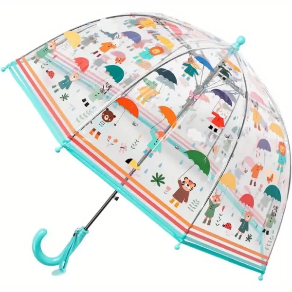 Youth Clear Bubble Umbrella - Windproof Safety Dome, 39" Canopy, Automatic Opening, Lightweight and Cute Design for Boys and Girls, Clear PVC with Playful Cartoon Animals and Raindrops - Image 6