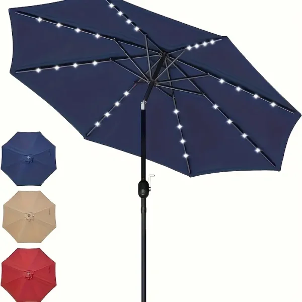 Simple and luxurious 9-foot sun umbrella with 32 LED lighting, courtyard umbrella table, market umbrella with button tilt/crank, outdoor umbrella suitable for gardens, decks, backyards, and pools, dark blue/brown/red - Image 3