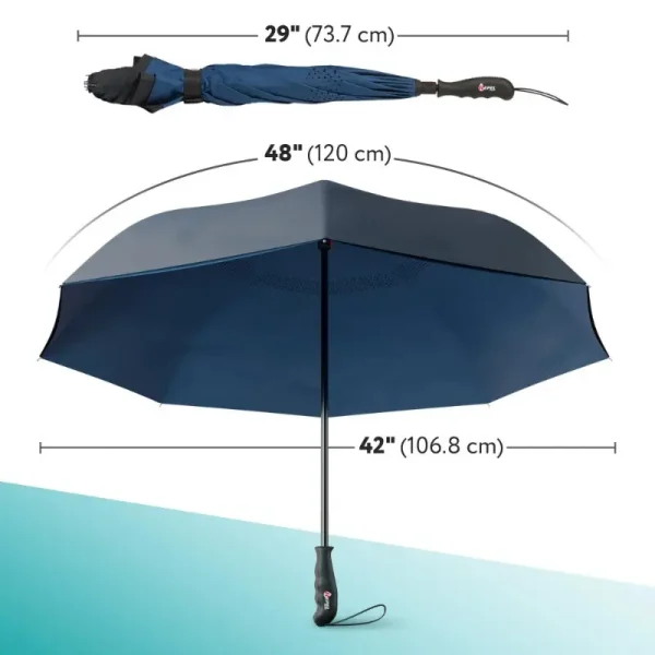 Compact Windproof Reverse Umbrella - Sturdy 8 Rib Design with Teflon Coating, Self-Standing Function, Black and Navy - Unisex, Versatile Everyday Umbrella | Stylish Navy | Durable Teflon Coating, Umbrella Heavy Duty Windproof - Image 3