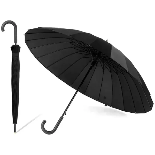 Windproof Automatic Opening Black Large Umbrella with J Hook Handle, 16K Frame Windproof Large Golf Umbrella for Men, Women, Adults